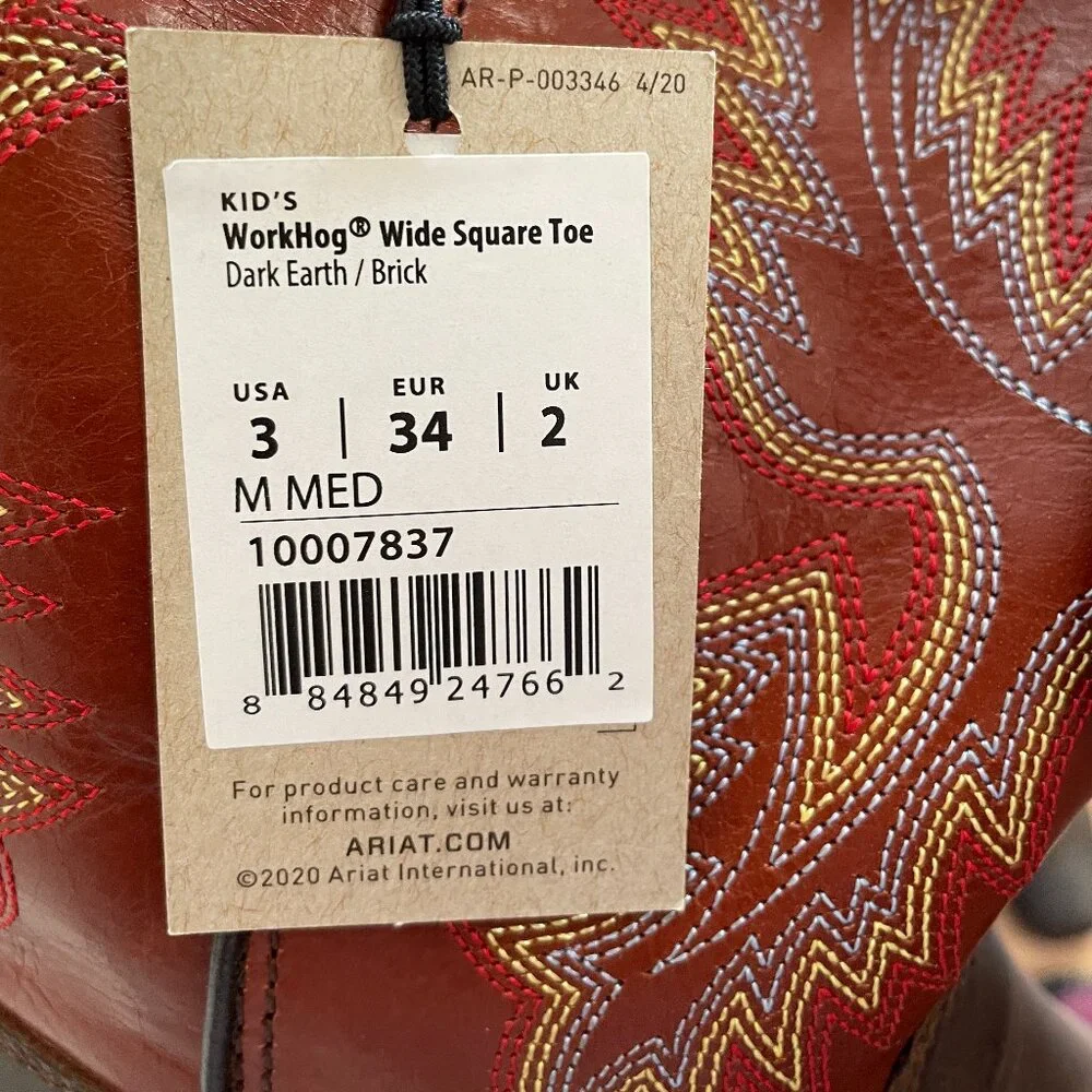 FIRM. NIB Ariat Kid's Dark Earth Workhog Square Toe Leather Boots Cowboy Cowgirl - Picture 3 of 15